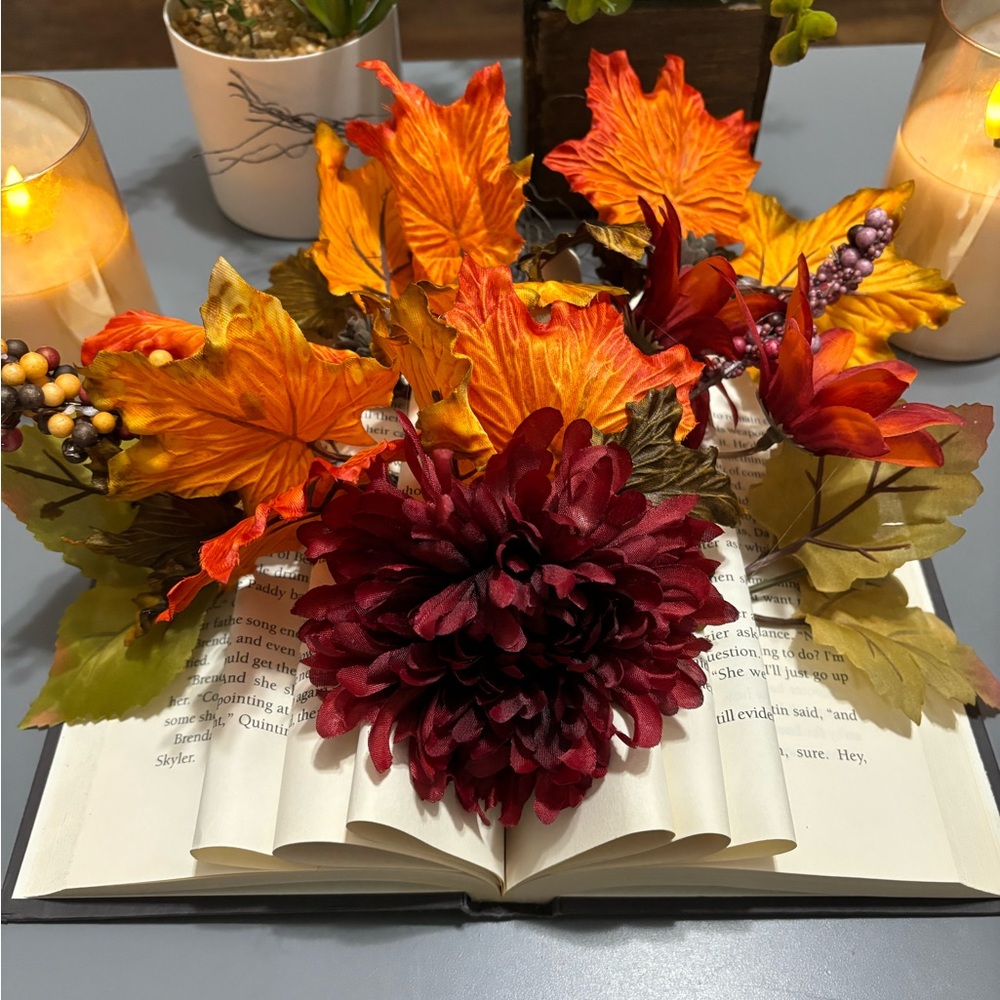 Autumn Floral Book Arrangement with Burgundy and Orange Accents